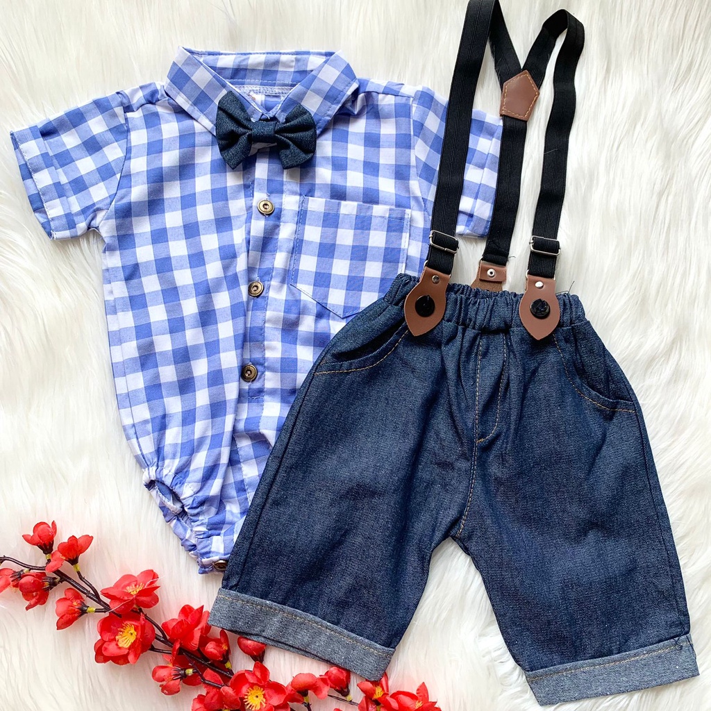 Baju setelan 0-8 bulan suspander tuxedo lucu bestseller anak bayi cowok laki murah -min