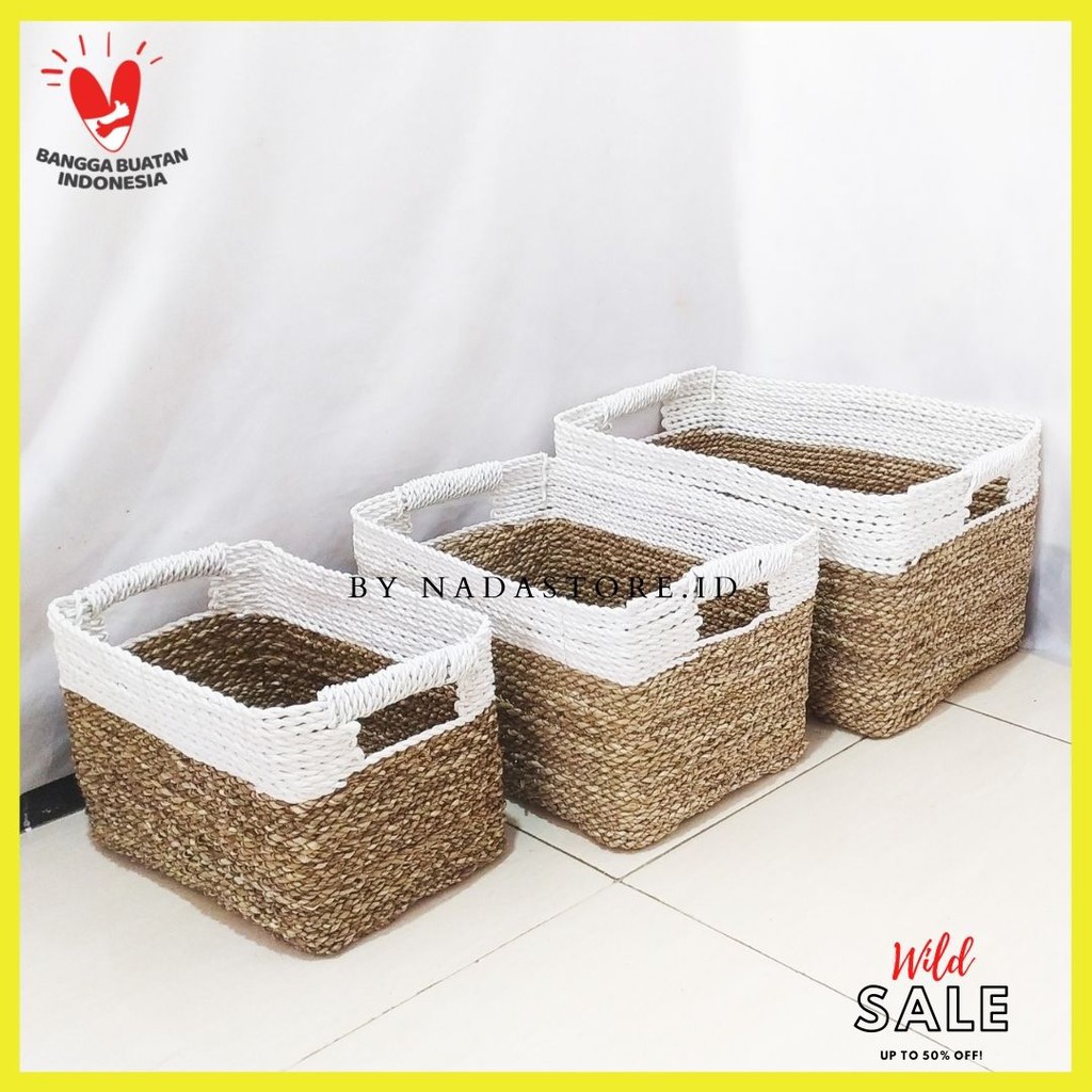 KERANJANG SEAGRASS / BOX SEAGRASS HANDLE NATURAL PUTIH / STORAGE BOX MULTIFUNGTION / HAMPERS BOX / KOTAK KADO