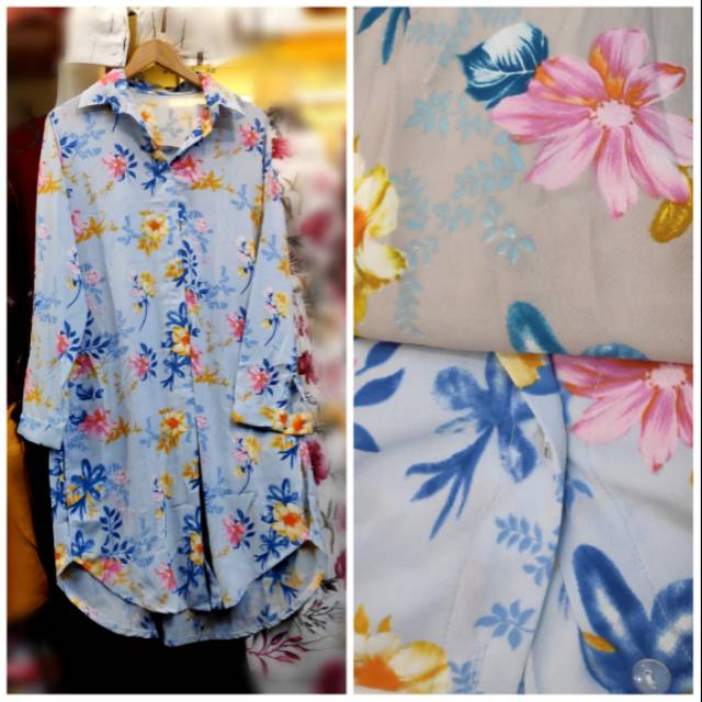 Kemeja tunik wanita motif bunga import