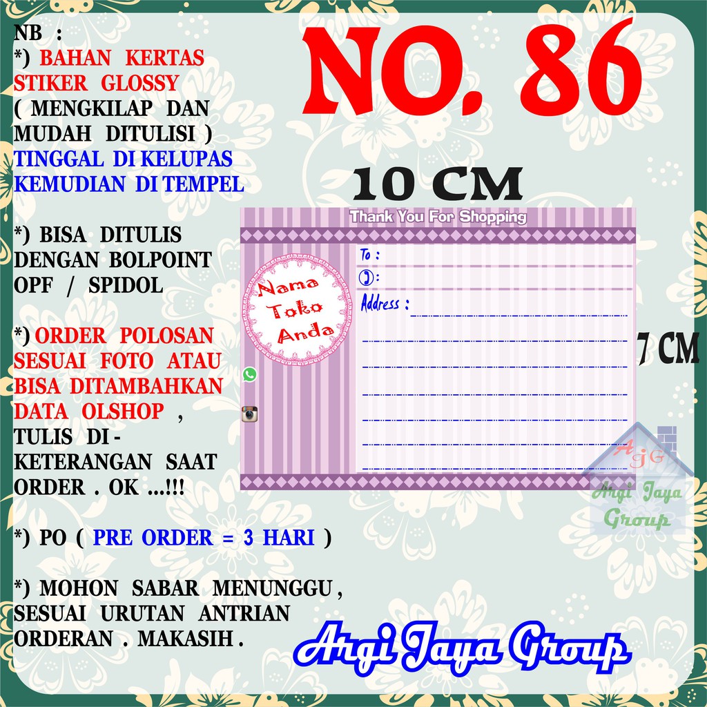 

Stiker Pengiriman - Sticker Alamat Olshop Murah Nomer 86 - 10x7 cm - Glossy