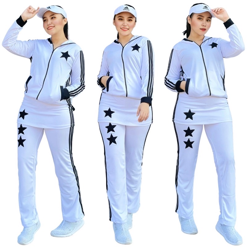 Stelan Baju Olahraga Rok Bintang Putih List Hitam Set Senam Setelan Training Panjang
