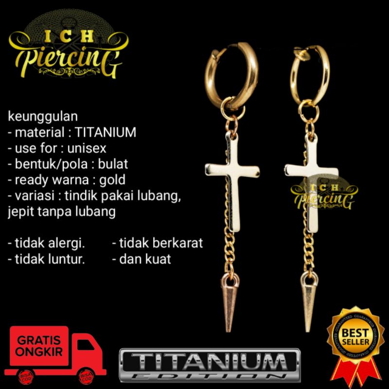 anting Hoop model Salib 01rante bandul gold / anting tindik dan jepit titanium gold / ICH PIERCING