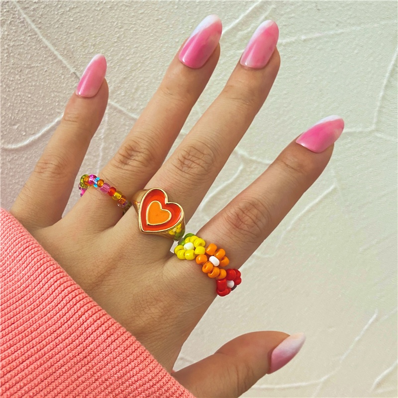 5Pcs/set Retro Rings Set Oil Dripping Heart Resin Beads Ring Women Ins Fashion Geometry Jewelry Accessories