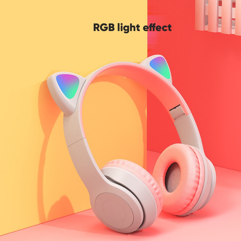 Headset kucing ColorFull  Super Bass Gaming Wireless Bluetooth Led Light Series