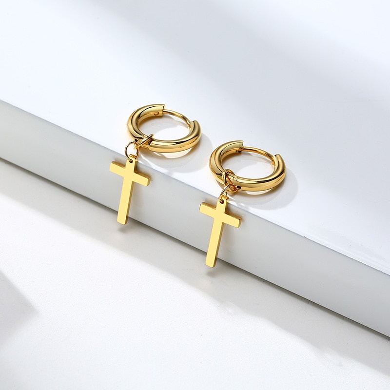 Anting Hoop Bentuk Salib Warna Emas Gaya Minimalis Untuk Pria Dan Wanita