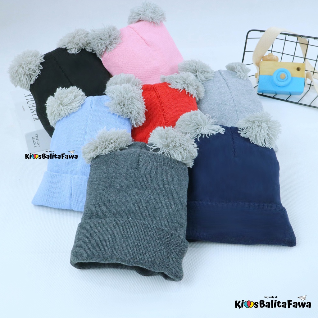 Kupluk Bayi Pom Pom Rajut /  Topi Baby Laki Laki Hair Murah Wool Polos Aksesoris Anak