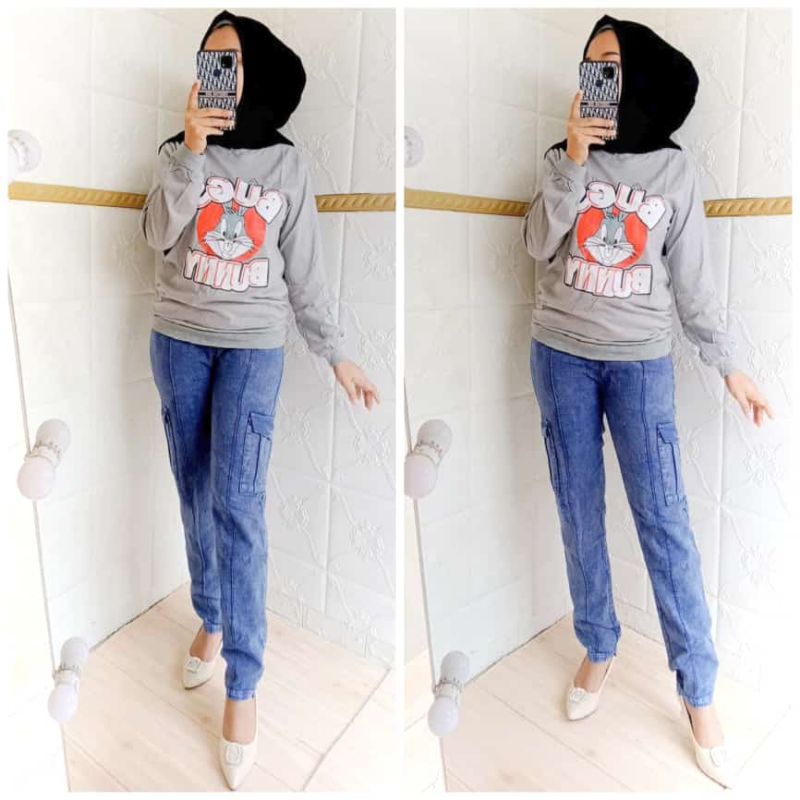 Setelan jeans wanita BUNNY BUGS / setelan dewasa / baju wanita / kaos panjang
