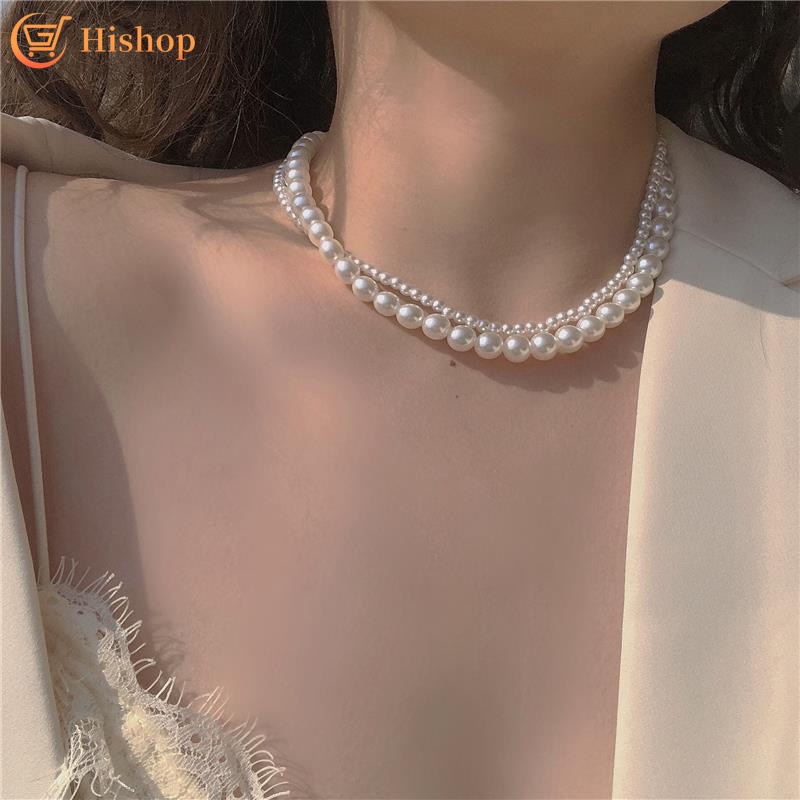 Double Layer Pearl Necklace Elegant Ins Style Vintage Choker Simple Chain for Women Fashion Jewelry Accessories