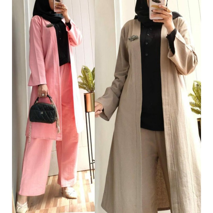 Bella Set, SETELAN OUTER WANITA MUSLIM CANTIK BAHAN LINEN IMPORT LD 106 + CELANA TERMURAH OOTD