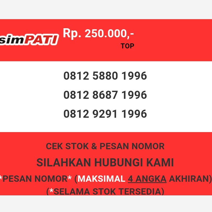 Nomor cantik Telkomsel murah tahun lahir 1996 simpati & loop T0888-250