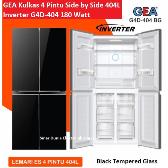 GEA Kulkas 4 Pintu Side by Side 404L Inverter G4D-404 Black Glass 180W