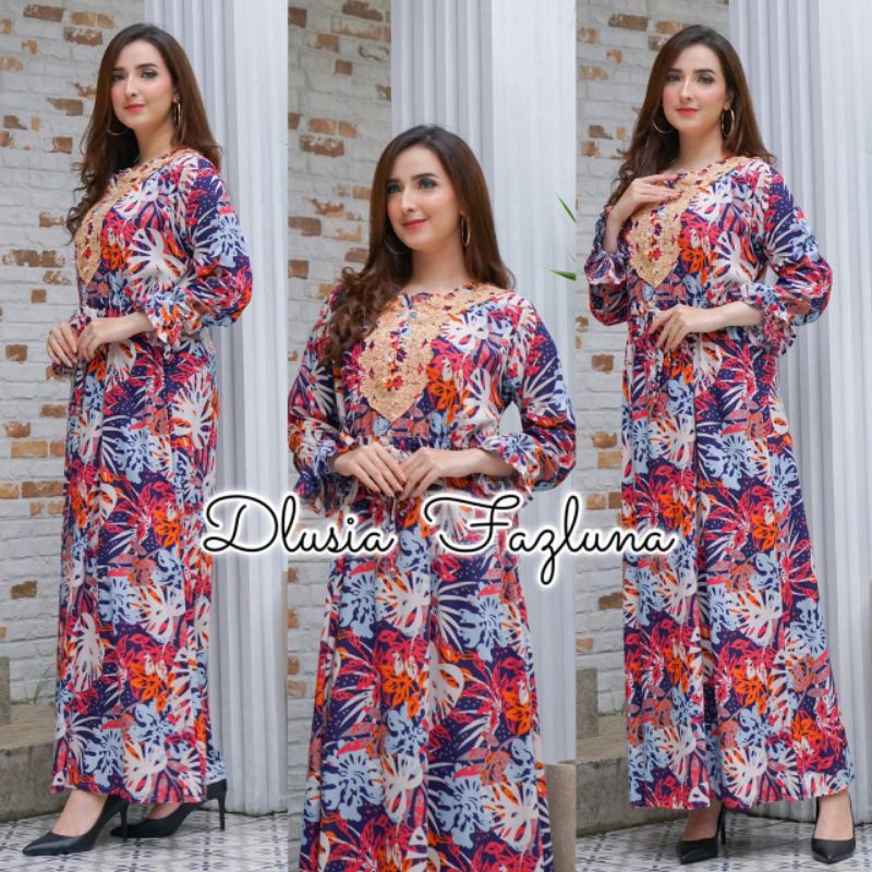 Daster arab Dlusia FAZLUNA Gamis Rayon Maxi Dress Rayon motif Renda Milo premium