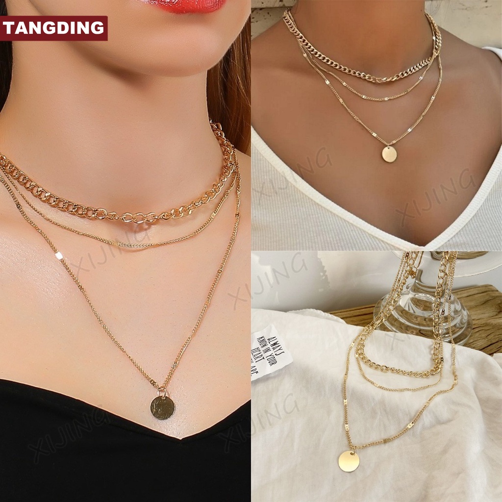 【COD Tangding】Retro Cuban Choker Multi Layer Exquisite Chain Necklace Women Simple Round Metal Pendant