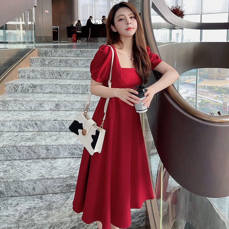U Neck Dress Wanita Elegan Dress / Korean Party Dress Square Neck