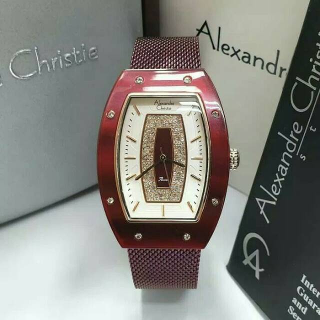 JAM TANGAN WANITA / CEWEK ALEXANDRE CHRISTIE AC 2729  RED ROSEGOLD TALI RANTAI PASIR