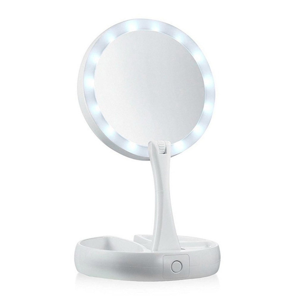 Kaca Cermin Make Up Double Side Magnifier My Fold Away Mirror Selfie LED Ring Light - FH-803 - White