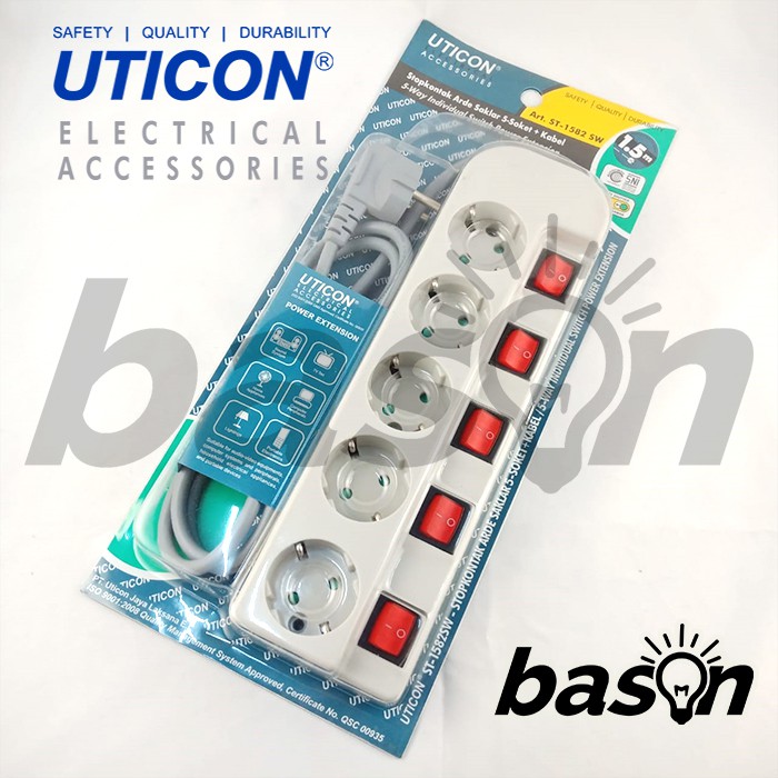 UTICON ST1582SW Power Extension - Stop Kontak 5Lubang 1.5Meter Arde dengan individual switch