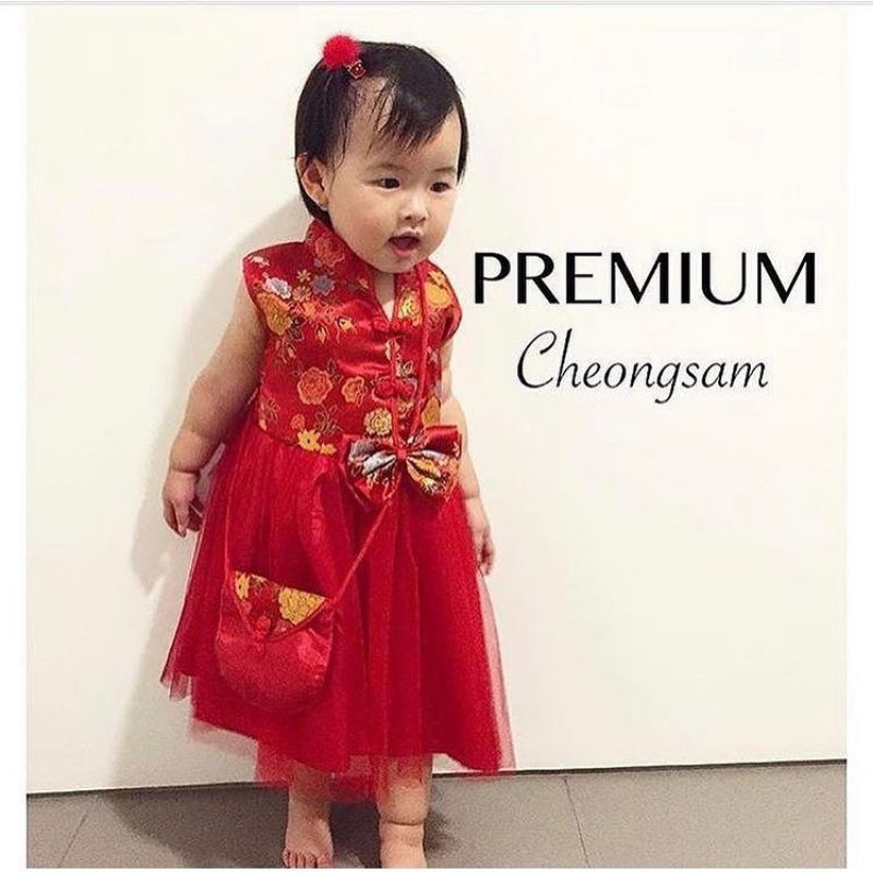 Dress cheongsam premium anak 0-3 tahun free tas bando / dress china anak / dress imlek anak / BAJU Qipao anak/ Baju Imlek anak perempuan Peacock/Merak