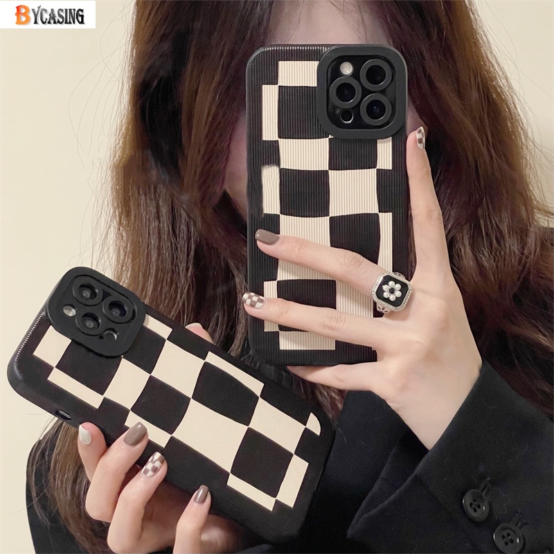 Soft Case Bahan Kulit Domba Motif Kotak-Kotak Hitam Putih Untuk Iphone 13 12 Pro Max 11 6 6S 7 8 Plus Xr XS