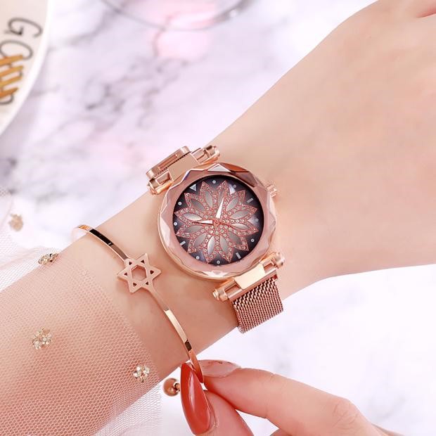 FYGALERYSURABAYA J158 Jam Tangan Perempuan Motif Bunga Glitter Rantai Magnet Woman Flower Watch Fashion