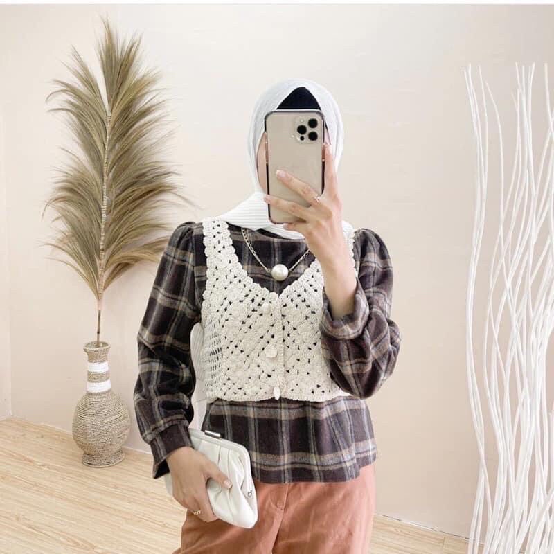 KEMEJA FLANEL IMPORT Rompi rajut/ Atasan Flanel Import/ Atasan Flanel Wanita Import/ Kemeja Flanel w