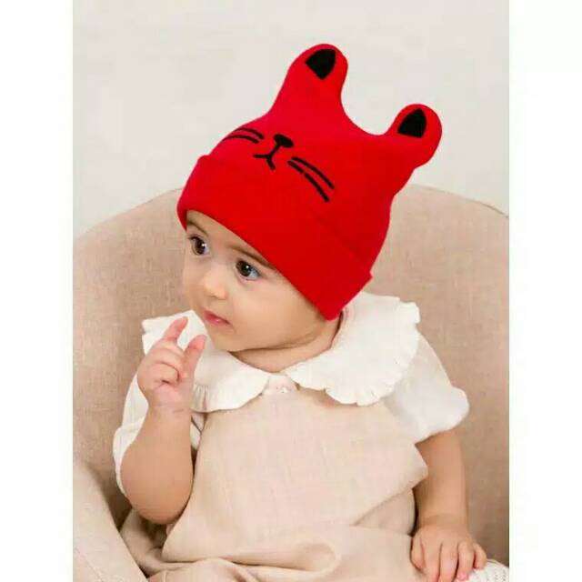 Topi kupluk bayi cat topi  bayi kucing topu rajut bayi