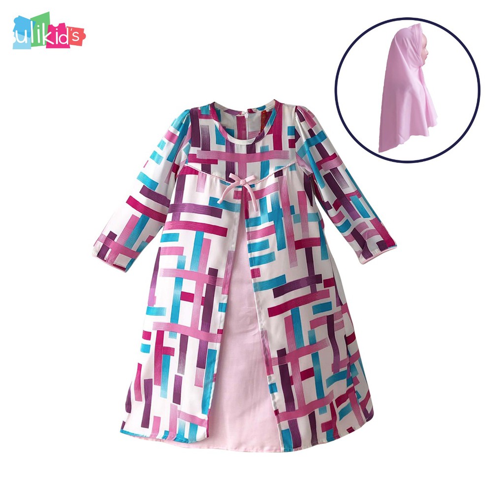 Gamis Anak Perempuan Motif Garis Warna Warni (FREE HIJAB )