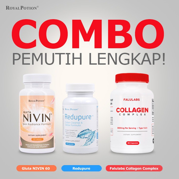 Combo PEMUTIH LENGKAP: GLUTA NIVIN 60 , REDUPURE, FALULABS COLLAGEN
