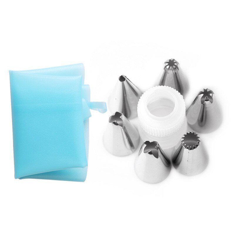 8pcs / Set Kantong Krim Icing Piping Bahan Silikon Dengan 6pcs Nozzle Stainless Steel Untuk Alat Baking