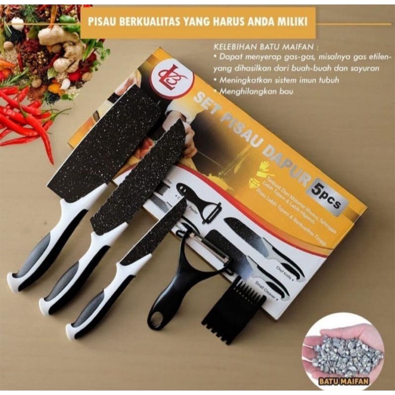 Set Pisau Dapur 5 Pcs Pisau Dapur + Peeler Hitam J13