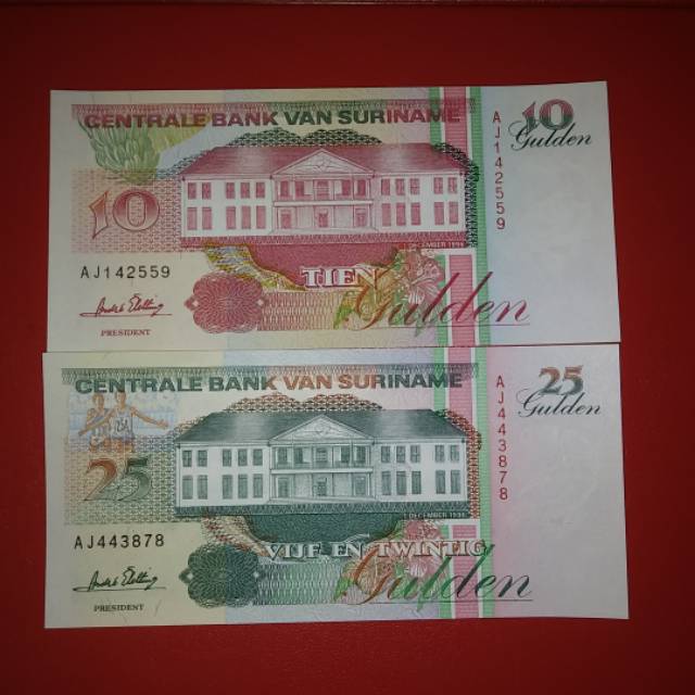 Set Uang Asing Suriname 10 dan 25 Gulden