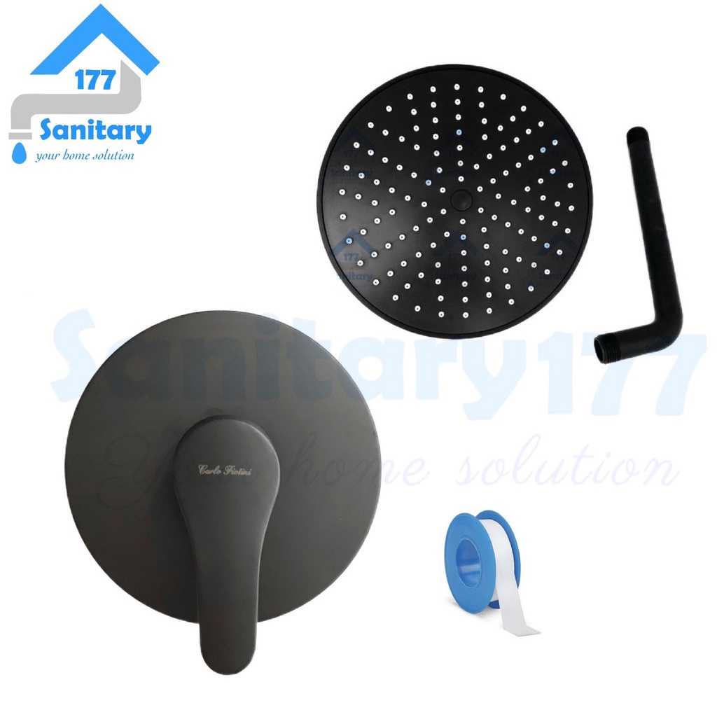 Bundling Stop kran air panas dingin hitam kuningan  &amp; wall shower tembok 8inch Black 8 in minimalis complete set komplit