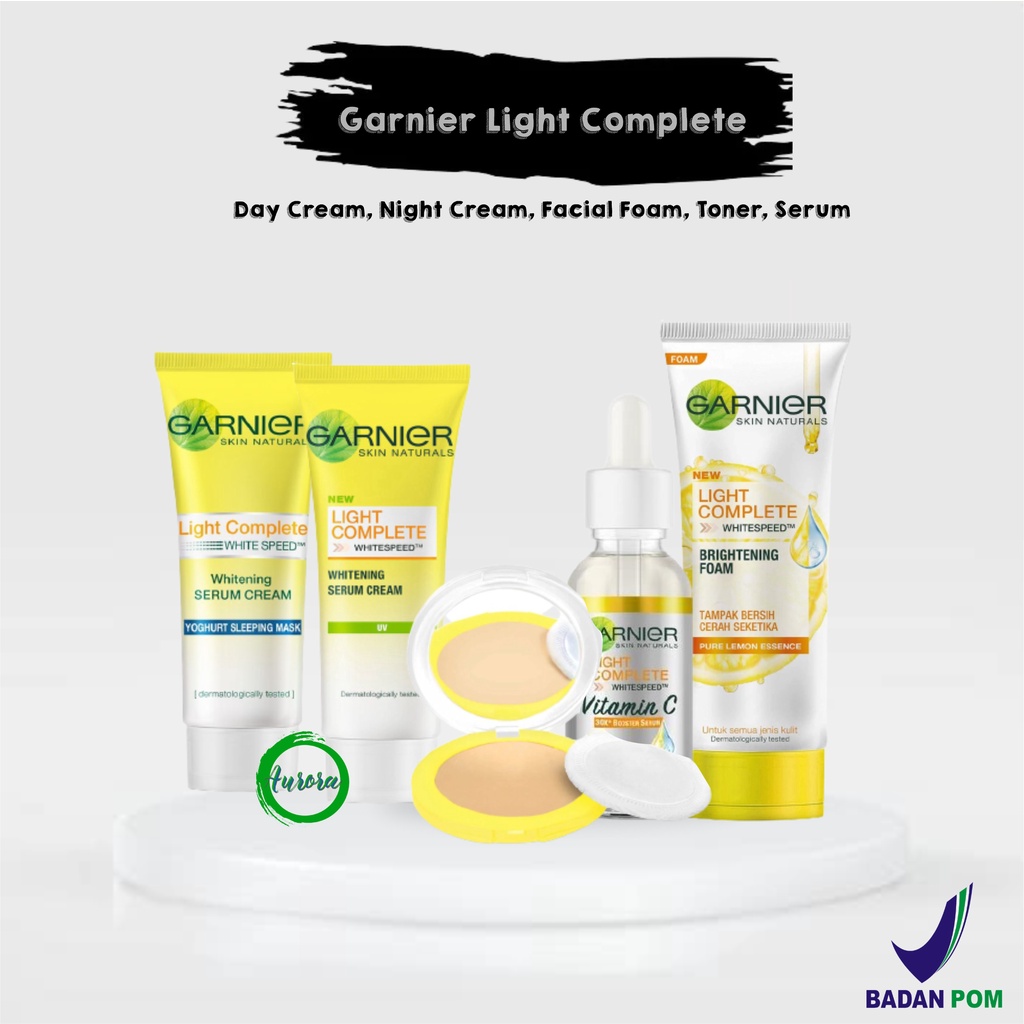 PAKET Mini 5pcs, GARNIER Light Complete 20ml (Krim Siang, Malam, Bedak, Foam & SERUM)