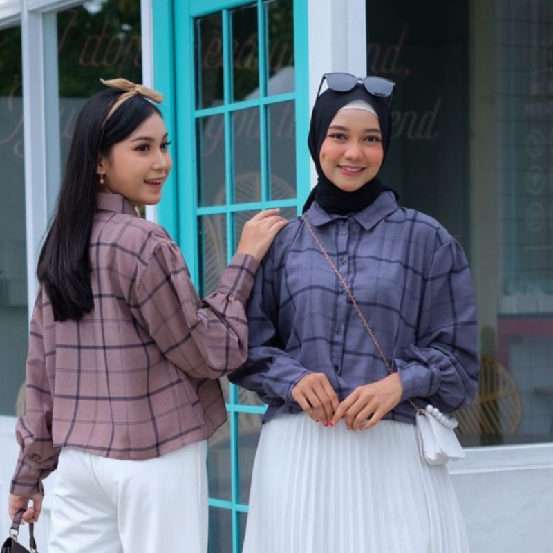 KEMEJA CROP OVERSIZE MOTIF FLANEL ATASAN WANITA NUMMA KIMBERLY GUILEN SHIRT KOREAN STYLE BAHAN WOLFIS - ALLSIZE FIT XL