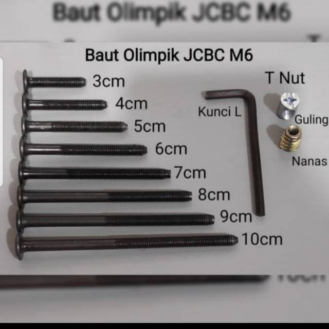 Baut KD Knock Down Baut JCBC M6 (Uk. 3 4 5 6 7 8 cm) + Mur Nanas or Mur Palu