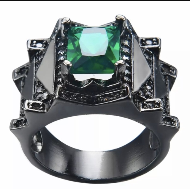 Cincin Pria Gothic Hip Hop Black Platted Green Emerald Zamrud Hijau