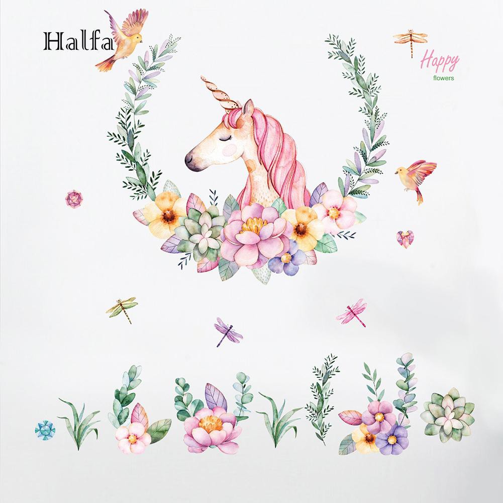 Hl Stiker Dinding Desain Kartun Unicorn Bunga Lucu Untuk Kamar