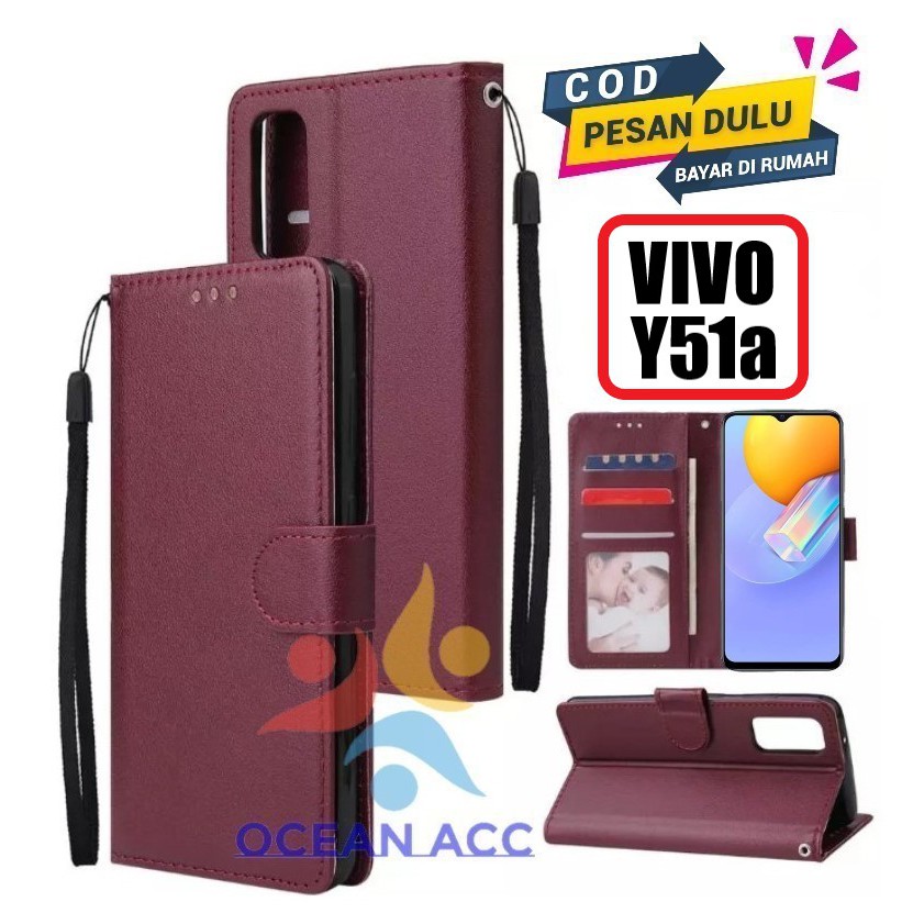 LEATHER CASE PREMIUM UNTUK VIVO Y51a NEW FLIP WALLET DOMPET HP UNTUK VIVO Y51a ( 2021 )