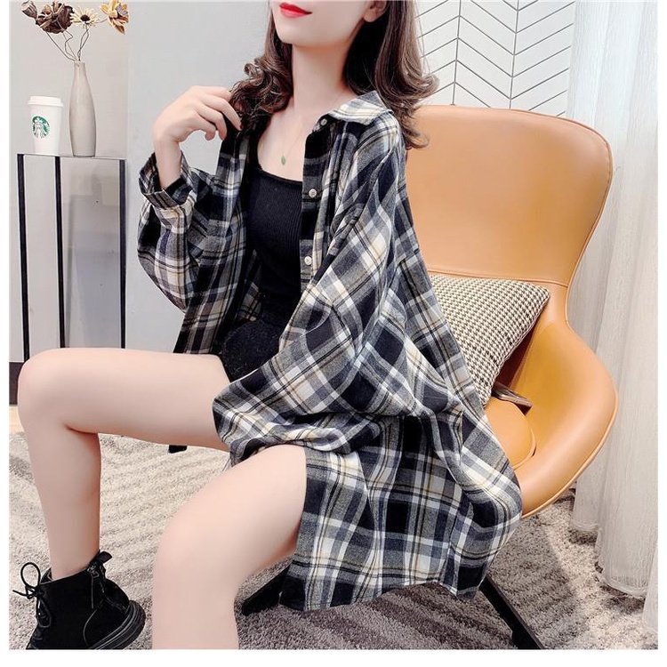 Korean blouse tartan kaos wanita Lengan panjang