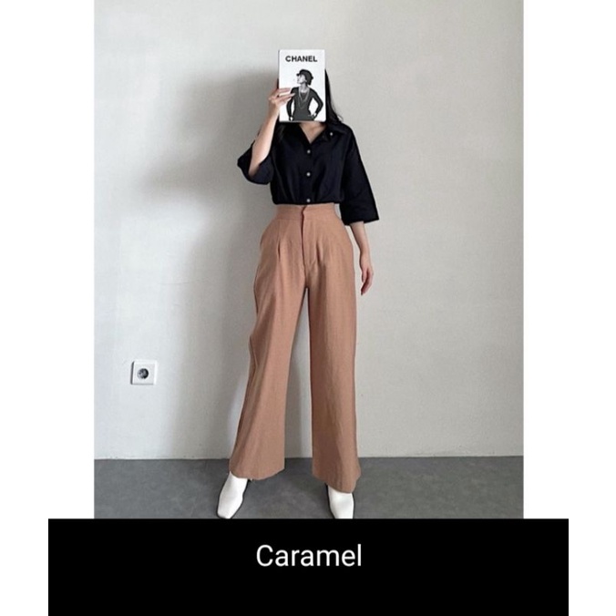 Melyssa Kulot - Celana Kulot - Vintage - Linen Crinkle Highwaist- Cullote Pants | Wide Leg Cullotes | Celana Kulot Wanita-Caramel