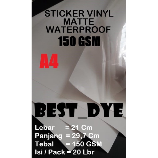 

Sticker Vinyl MATTE Inkjet WATERPROOF 150 GSM , A4= 21 x 29,7 CM @ 20 Lembar