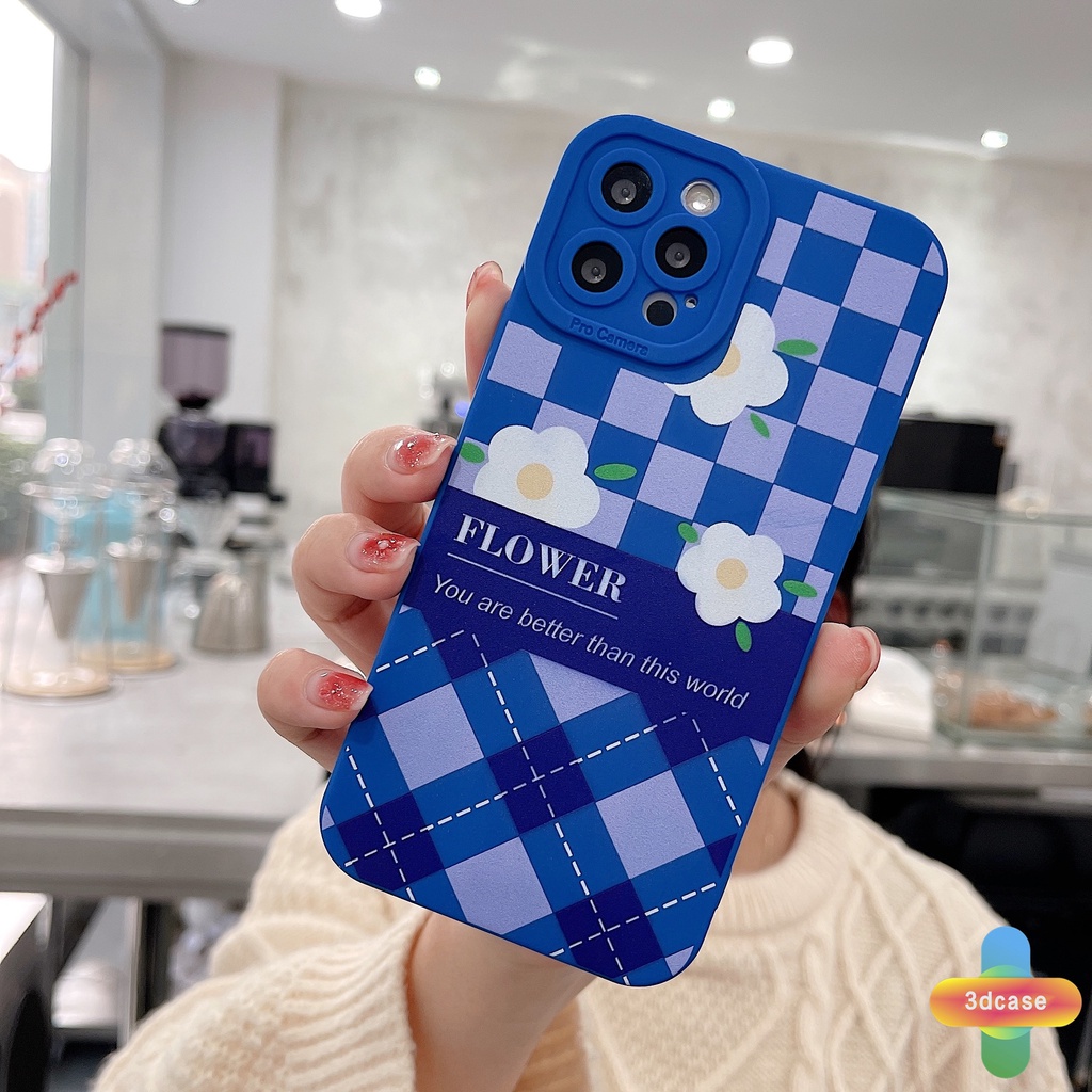 Soft TPU Case Compatible For IPhone 7 Plus 11 6 6S 8 Plus XR 11 12 13 PRO MAX X XS MAX Se 2020 6SPlus 7Plus 6Plus 8Plus XSMAX Klein Blue Plaid White Flower Anti-fall Case