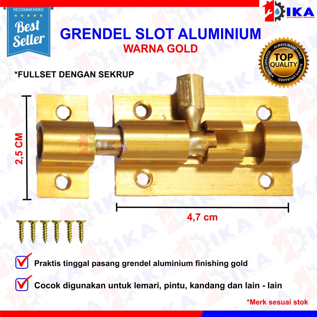 Grendel Aluminium (MERK : TOP ORIGINAL 100%) Slot Pintu Jendela 2 Inch / 6 cm I Selot Alumunium Tebal Skrup Baut