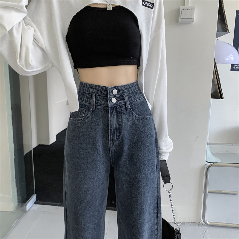 Celana panjang wanita baru slim-fit high-waist straight-leg jeans（Two buttons）