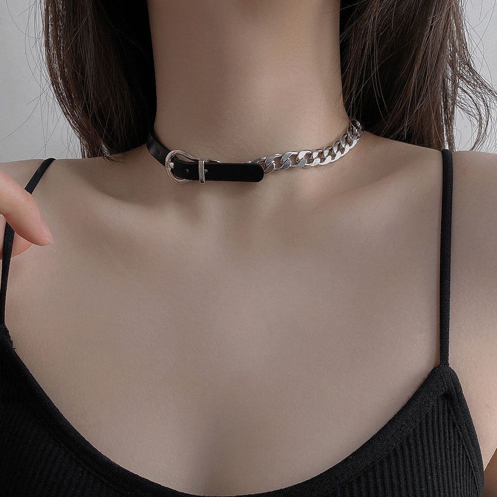 Kalung Choker Gelang Tali Rantai Bahan Kulit Titanium Steel Gaya Hip Hop Untuk Wanita