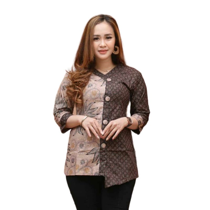 tey-17 Batik wanita ASJ SA HRB026 Kenongo Kemeja Tosca Pendek-Truntum Alam Coklat