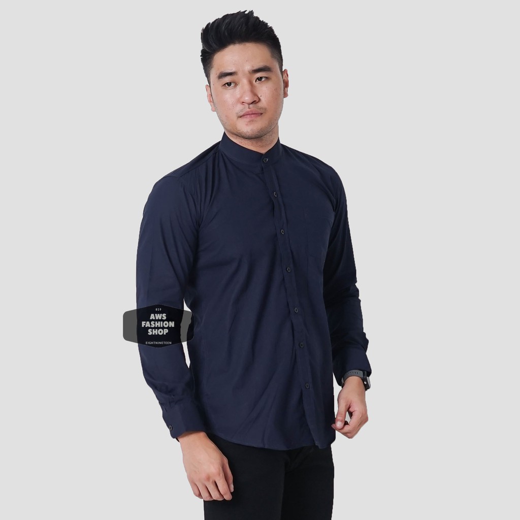 Kemeja Pria Lengan Panjang Polos Biru Navy Dark Blue Kerah Shanghai Koko Polos Slimfit Casual