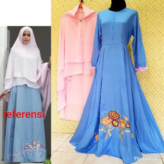 ada 3wrn ready , yunia syari gamis busui denim khimar jumbo ceruti bonus bros cantik daily hijab
