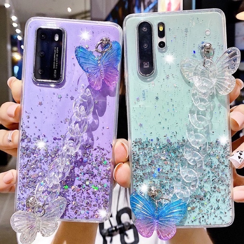 Glitter Case Chain ButterFly iPhone Oppo Vivo Xiaomi Samsung Realme 3 5 6 7 8 Pro A74 A54 Y11 10 11