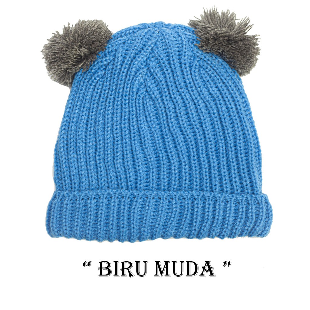 Kupluk Pompom Anak Bayi Cewek Cowok Polos / Bordir Nama Suka Suka-Biru Muda